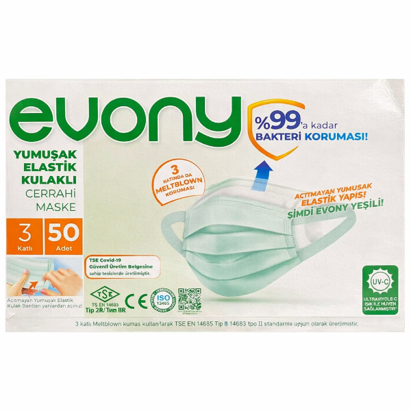 Evony 3 Katlı Ultrasonik Cerrahi Maske Telli 50'li (ÜTS Kayıtlı)